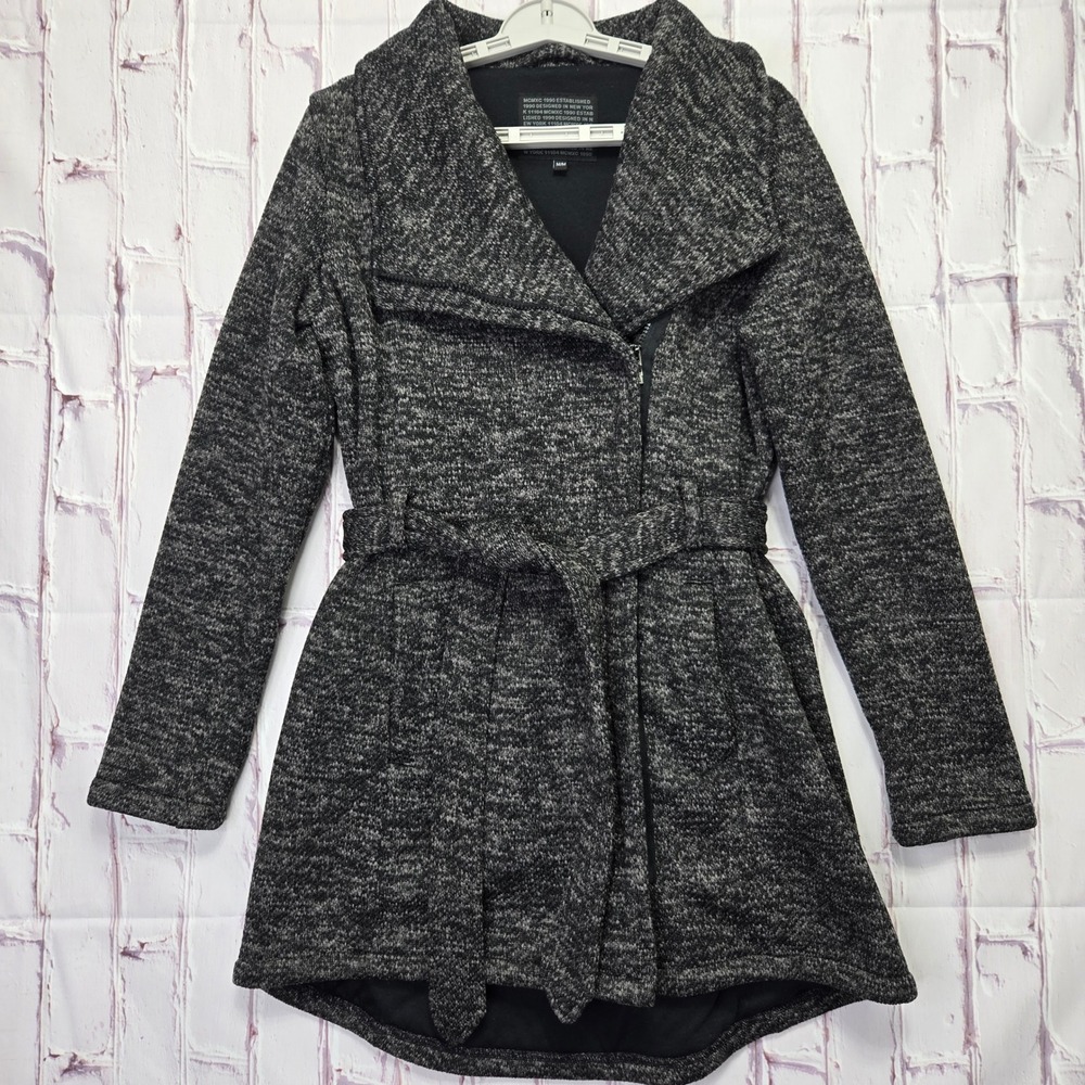 Steve Madden Wrap Coat Gray Marled Asymmetrical Zip Belted Jacket Womens Medium
